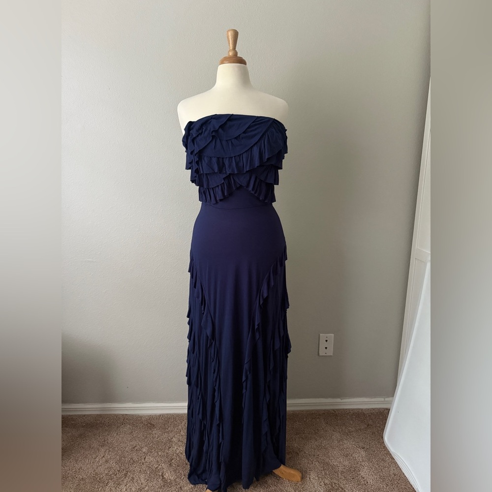 Aryn K Navy Strapless Tiered Ruffle Maxi Dress – Size S